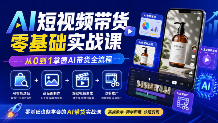 AI短视频带货零基础实战课|AI智能选品+商品图制作+爆款视频生成+混剪推广,从0到1掌握AI带货全流程-极客网创