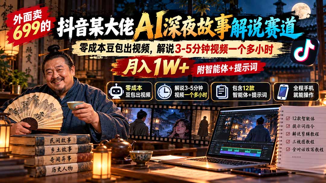 外面卖699抖音某大佬AI深夜故事解说赛道-更新：0成本豆包出视频+解说3-5分钟视频一个多小时，月入1W+附智能体+提示词-极客网创