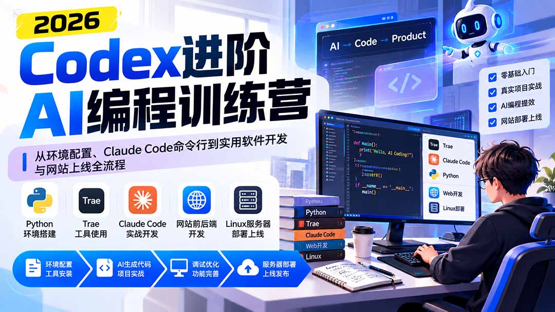 Codex进阶AI编程训练营:从环境配置、Claude Code命令行到实用软件开发与网站上线全流程-极客网创