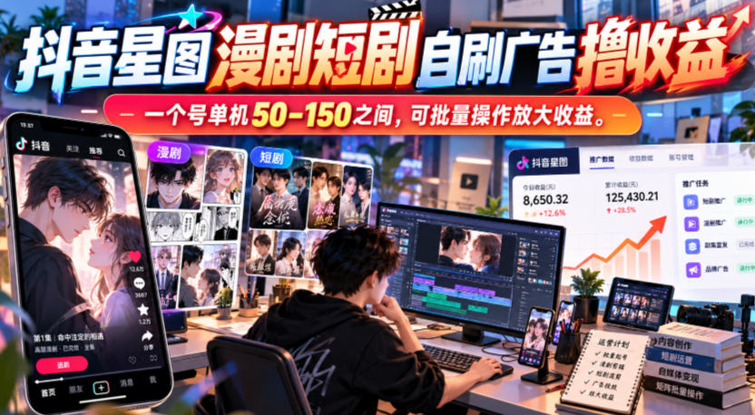 抖音星图漫剧短剧自刷广告撸收益,一个号单机50-150之间,可批量操作放大收益-极客网创