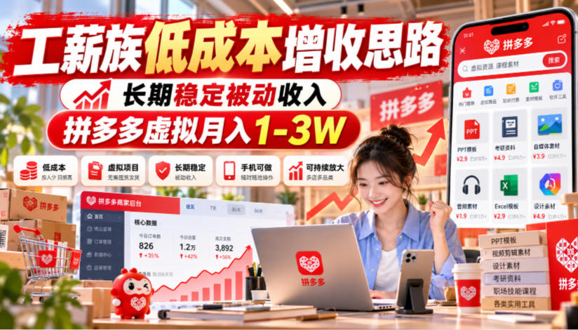 工薪族低成本增收思路,长期稳定被动收入,拼多多虚拟月入1-3W-极客网创