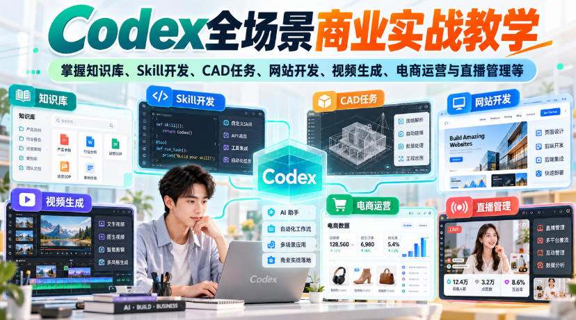 Codex全场景商业实战教学，掌握知识库、Skill开发、CAD任务、网站开发、视频生成、电商运营与直播管理等(更新1010)-极客网创