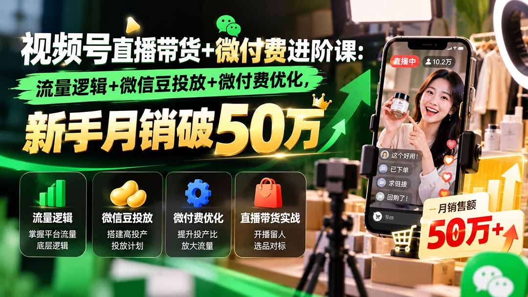 视频号直播带货+微付费进阶课-更新1010：流量逻辑+微信豆投放+微付费优化，新手月销破50万-极客网创