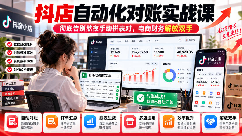 抖店自动化对账实战课，彻底告别熬夜手动拼表对，账电商财务解放双手-极客网创