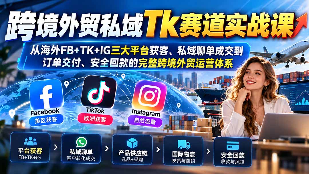 跨境外贸私域Tk赛道实战课：从海外FB+TK+IG三大平台获客、私域聊单成交到订单交付、安全回款的完整跨境外贸运营体系-极客网创