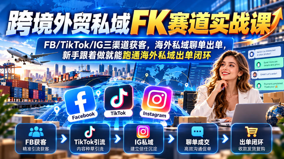 跨境外贸私域FK赛道实战课｜FB/TikTok/IG三渠道获客，海外私域聊单出单，新手跟着做就能跑通海外私域出单闭环-极客网创
