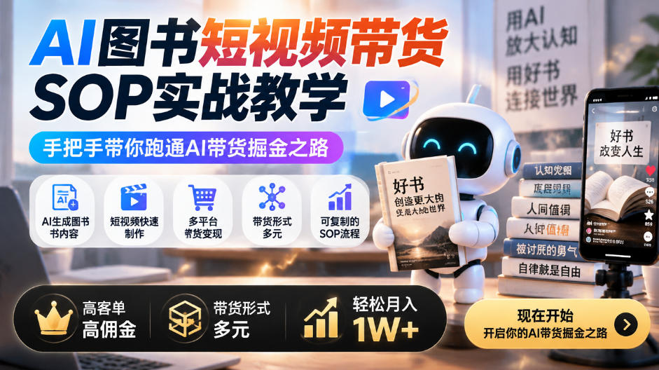 AI图书短视频带货SOP实战教学，手把手带你跑通AI带货掘金之路，高客单高佣金，带货形式多元，轻松月入1W+-极客网创