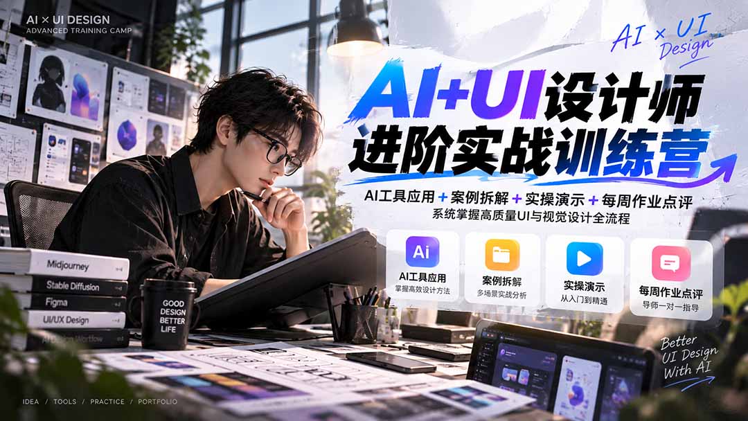 【无水印】AI+UI设计师进阶训练营-第4期：AI工具应用+案例拆解+实操演示+作业点评，掌握高质量UI与视觉设计全流程-极客网创