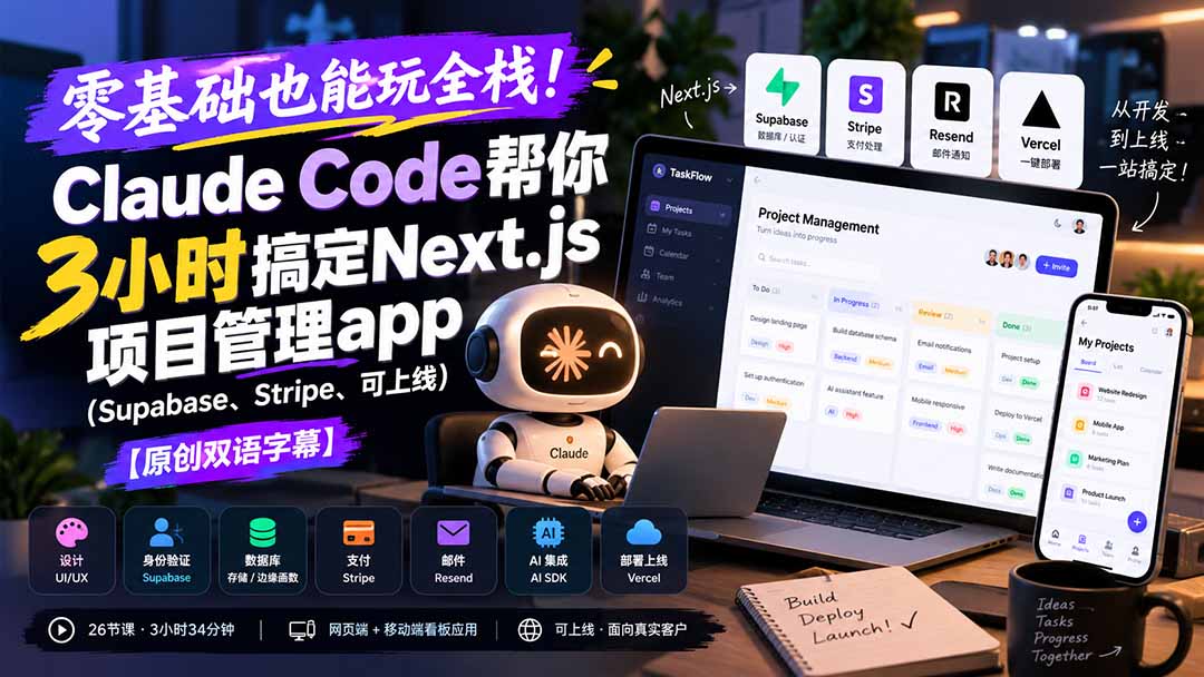零基础也能玩全栈！Claude Code帮你3小时搞定Next.js项目管理app(Supabase、Stripe、可上线-极客网创