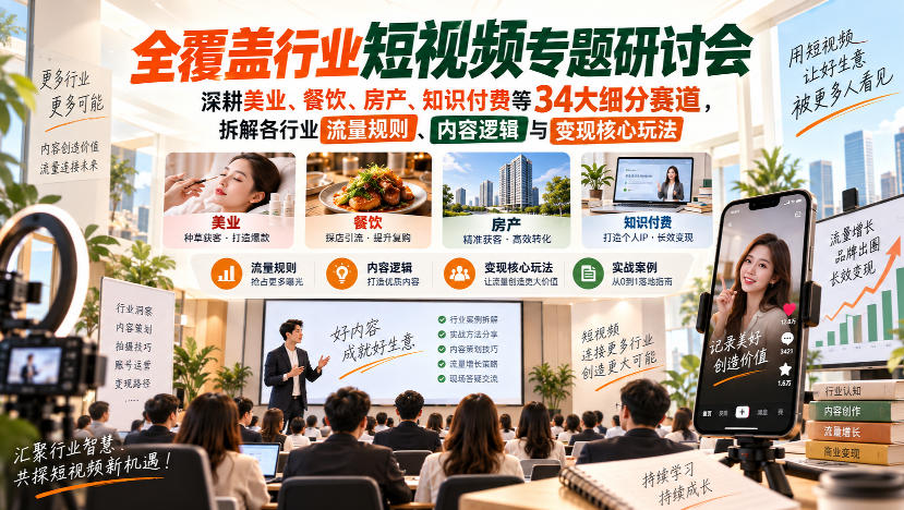 短视频专题研讨会，深耕美业、餐饮、房产、知识付费等34大细分赛道，拆解各行业流量规则、内容逻辑与变现核心玩法(更新1011)-极客网创