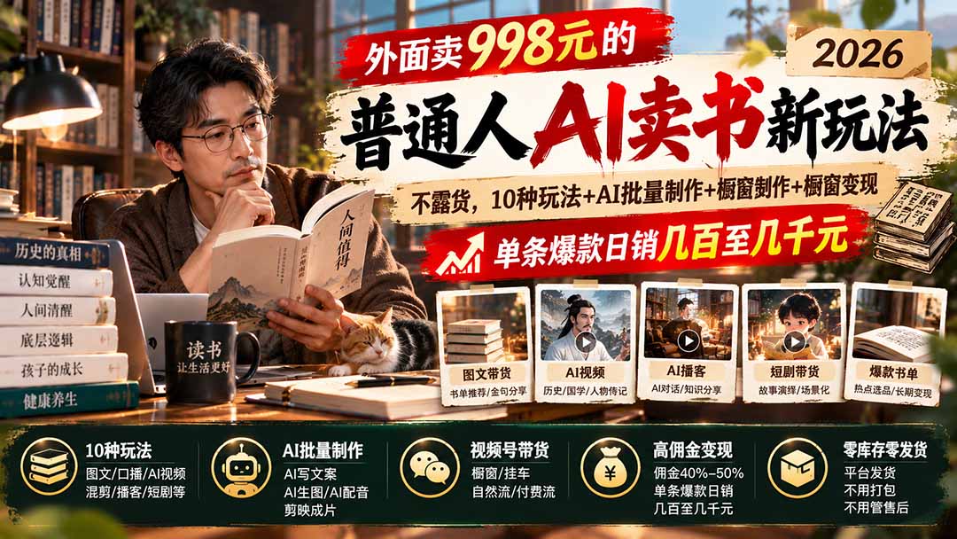 外面卖998元的2026普通人AI卖书新玩法：不露脸、不囤货，10种玩法+AI批量制作+橱窗变现，单条爆款日销几百至几千元-极客网创