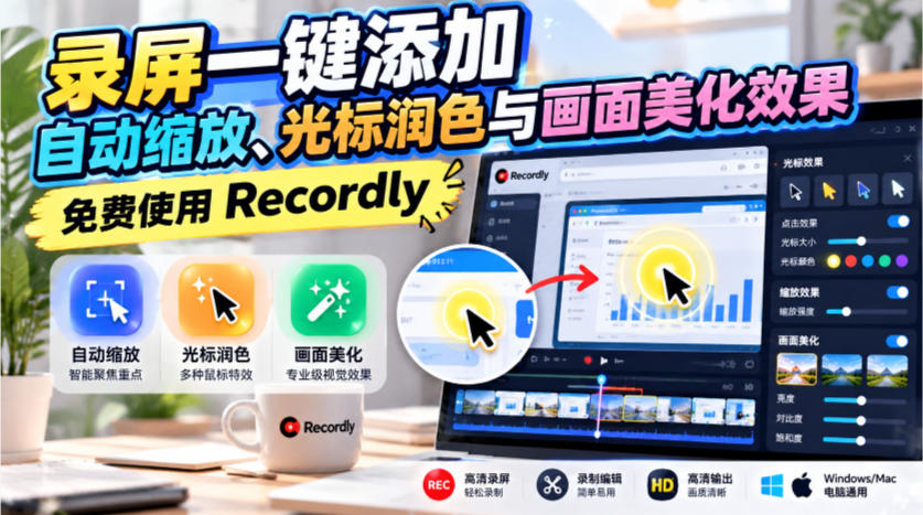 录屏一键添加自动缩放、光标润色与画面美化效果，免费使用Recordly-极客网创