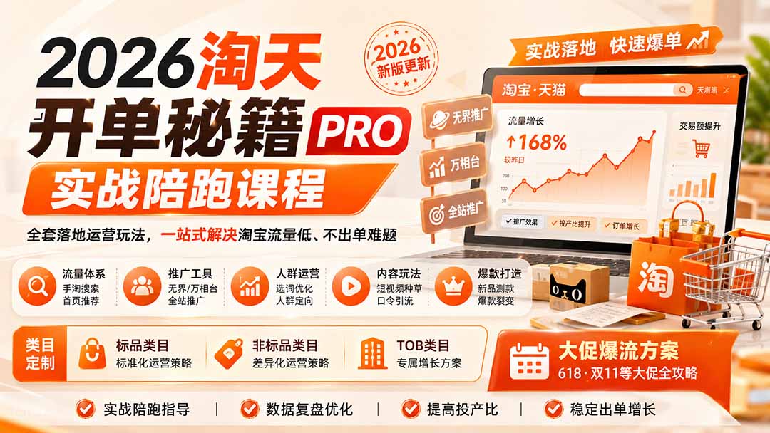 2026淘天开单秘籍PRO实战陪跑课程-更新1012：全套落地运营玩法，一站式解决淘宝流量低、不出单难题-极客网创