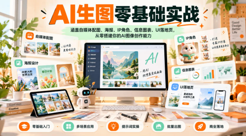 AI生图零基础实战，涵盖自媒体配图、海报、IP角色、信息图表、UI落地页，从零搭建你的AI图像创作能力-极客网创