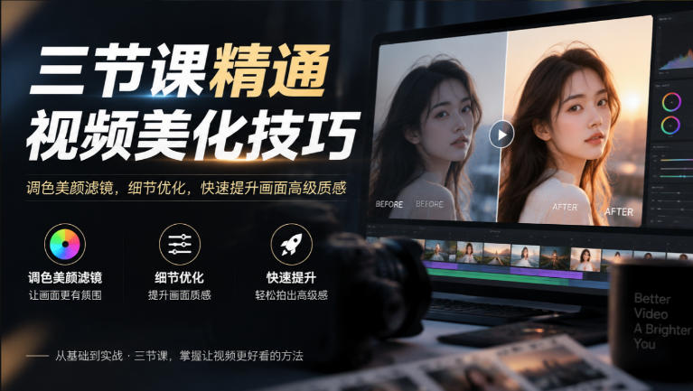 三节课精通视频美化技巧|调色美颜滤镜,细节优化,快速提升画面高级质感-极客网创