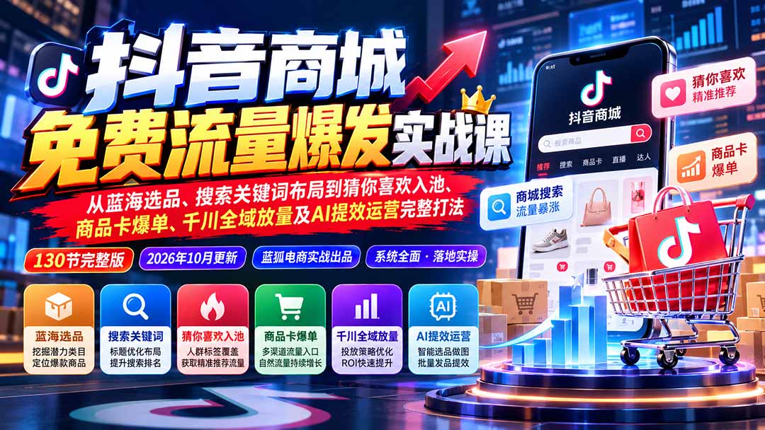 抖音商城免费流量爆发实战:从蓝海选品、搜索关键词布局到猜你喜欢入池、商品卡爆单、千川全域放量及AI提效完整打法-极客网创
