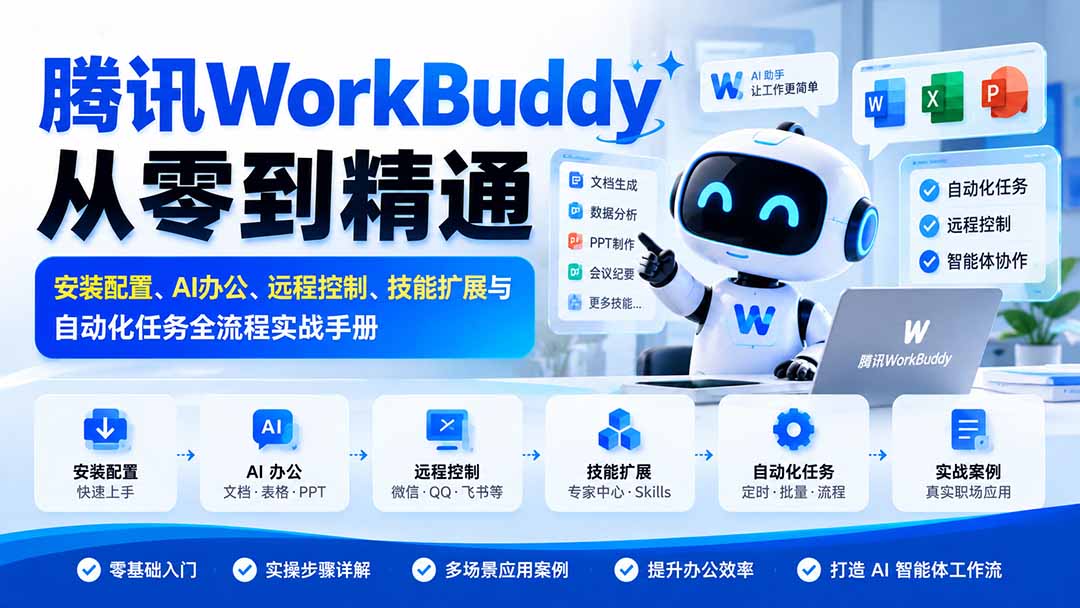 腾讯WorkBuddy从零到精通:安装配置、AI办公、远程控制、技能扩展与自动化任务全流程实战手册-极客网创