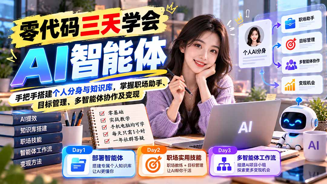 【无水印】零代码三天学会AI智能体:手把手搭建个人分身与知识库,掌握职场助手、目标管理、多智能体协作及变现-极客网创