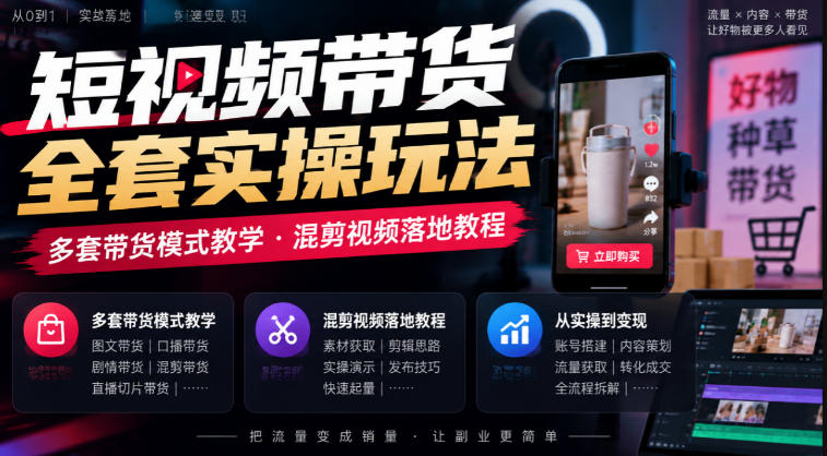 短视频带货全套实操玩法,多套带货模式教学,混剪视频落地教程-极客网创