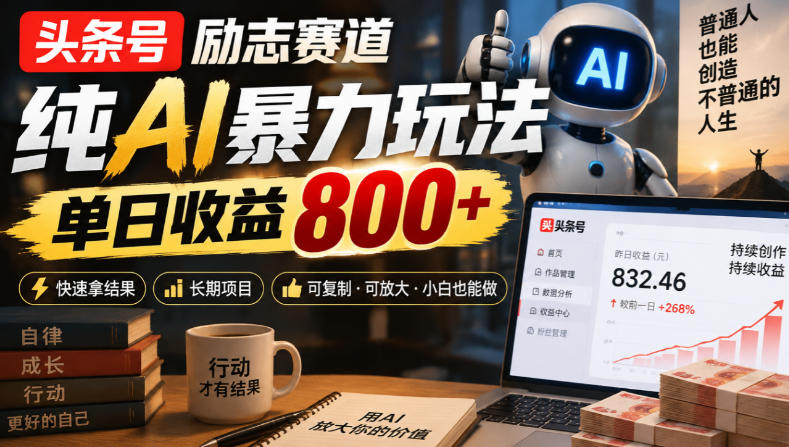 头条号励志赛道,纯AI暴力玩法,单日收益800+,快速拿结果,长期项目-极客网创