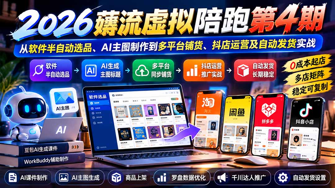 2026薅流虚拟陪跑第4期：从软件半自动选品、AI主图制作到多平台铺货、抖店运营及自动发货实战-极客网创