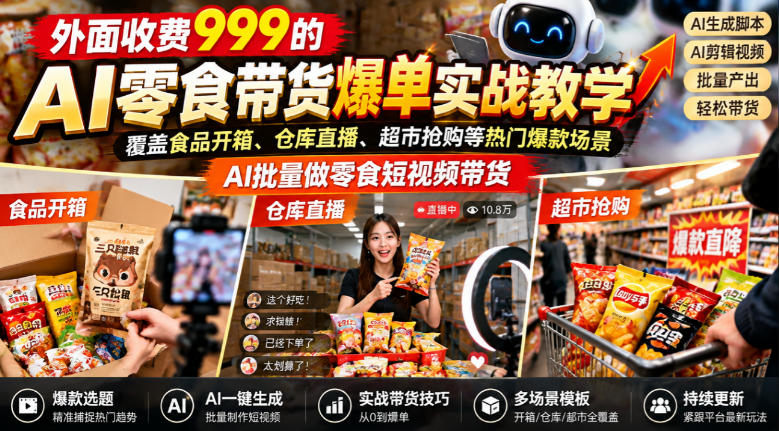 外面收费999的AI零食带货爆单实战教学，覆盖食品开箱、仓库直播、超市抢购等热门爆款场景，AI批量做零食短视频带货-极客网创