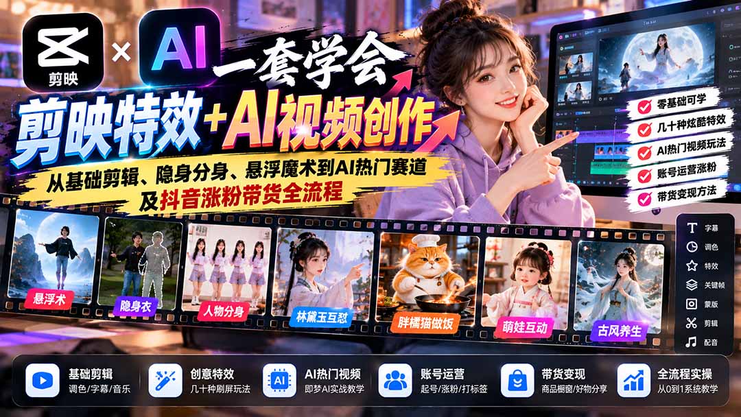 一套学会剪映特效+AI视频创作：从基础剪辑、隐身分身、悬浮魔术到AI热门赛道及抖音涨粉带货全流程-极客网创