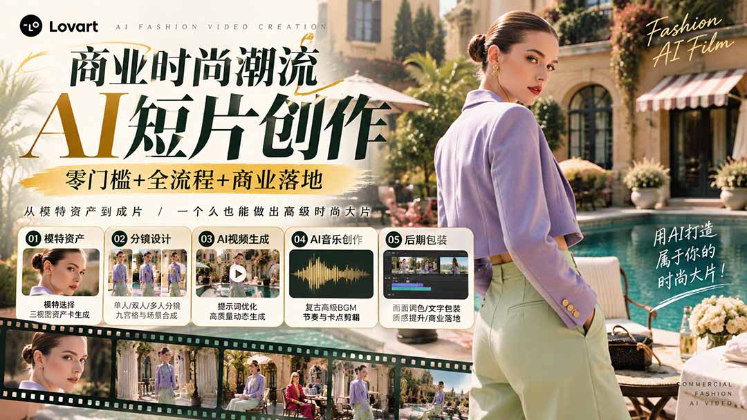 从一张模特图到高级时尚广告大片：AI三视图资产、场景合成、电影分镜、动态生成与复古音乐剪辑实战课-极客网创