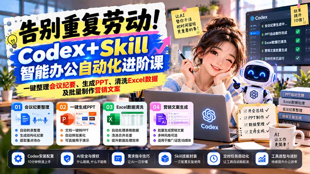 告别重复劳动！Codex+Skill智能办公自动化进阶课：一键整理会议纪要、生成PPT、清洗Excel数据及批量制作营销文案-极客网创