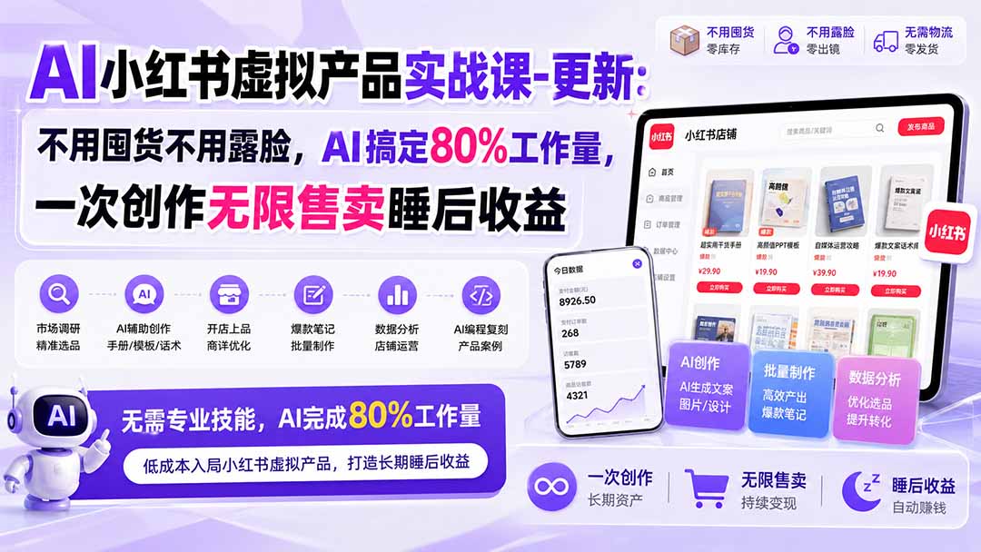AI小红书虚拟产品实战课-更新1017：不用囤货不用露脸，AI搞定80%工作量，一次创作无限售卖睡后收益-极客网创
