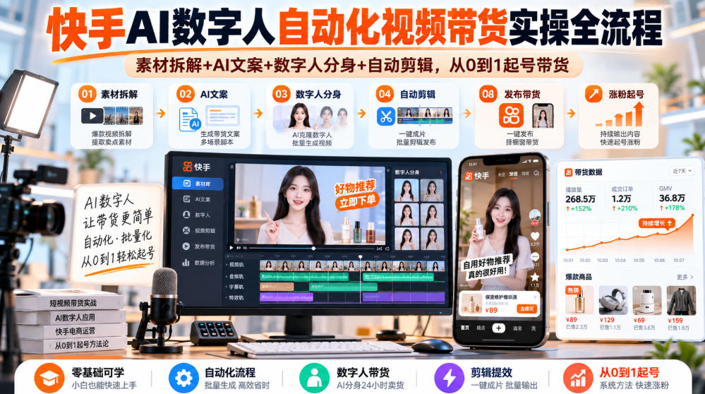 快手AI数字人自动化视频带货实操全流程｜素材拆解+AI文案+数字人分身+自动剪辑，从0到1起号带货(更新26年)-极客网创