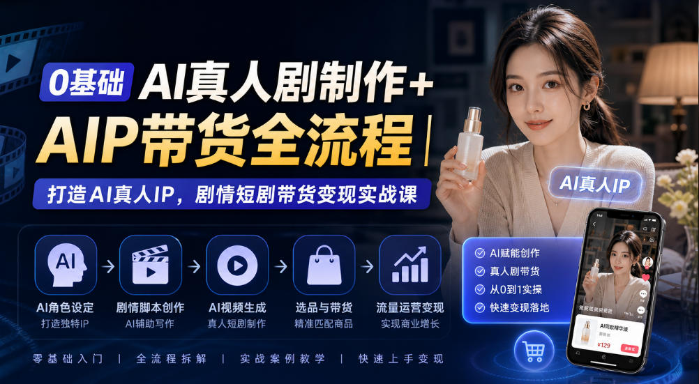 0基础AI真人剧制作+AIP带货全流程｜打造AI真人IP，剧情短剧带货变现实战课-极客网创