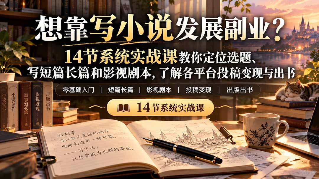 【无水印】想靠写小说发展副业？14节系统实战课教你定位选题、写短篇长篇和影视剧本，了解各平台投稿变现与出书-极客网创
