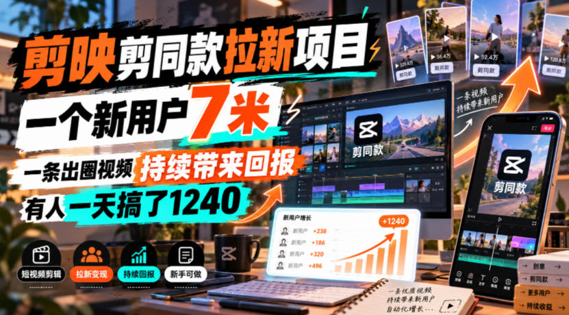 剪映剪同款拉新项目，一个新用户7米，一条出圈视频持续带来回报，有人一天搞了1240-极客网创