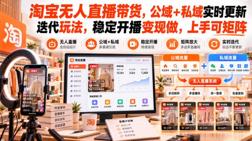 淘宝无人直播带货，公域+私域实时更新迭代玩法，稳定开播变现做，上手可矩阵【揭秘】-极客网创