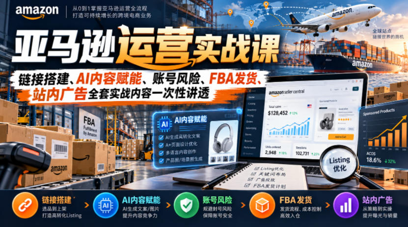 亚马逊运营实战课，链接搭建、AI内容赋能、账号风险、FBA发货、站内广告全套实战内容一次性讲透-极客网创
