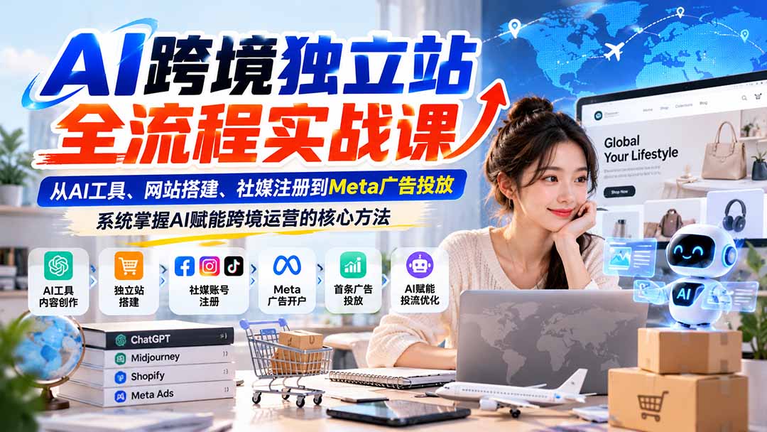 AI跨境独立站全流程实战课：从AI工具、网站搭建、社媒注册到Meta广告投放，系统掌握AI赋能跨境运营的核心方法-极客网创
