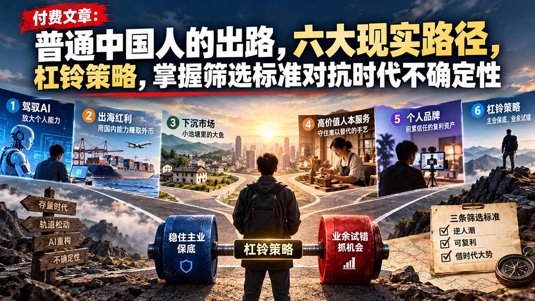 付费文章：普通中国人的出路，六大现实路径，杠铃策略，掌握筛选标准对抗时代不确定性-极客网创