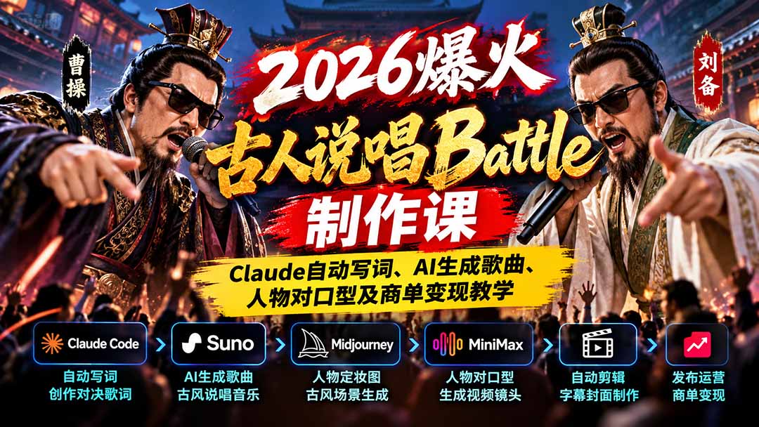 2026爆火古人说唱Battle制作课：Claude自动写词、AI生成歌曲、人物对口型及商单变现教学-极客网创