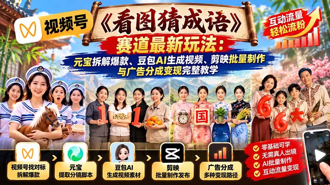 视频号《看图猜成语》赛道最新玩法：元宝拆解爆款、豆包AI生成视频、剪映批量制作与广告分成变现完整教学-极客网创