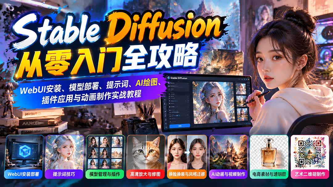 Stable Diffusion从零入门全攻略：WebUI安装、模型部署、提示词、AI绘图、插件应用与动画制作实战教程-极客网创