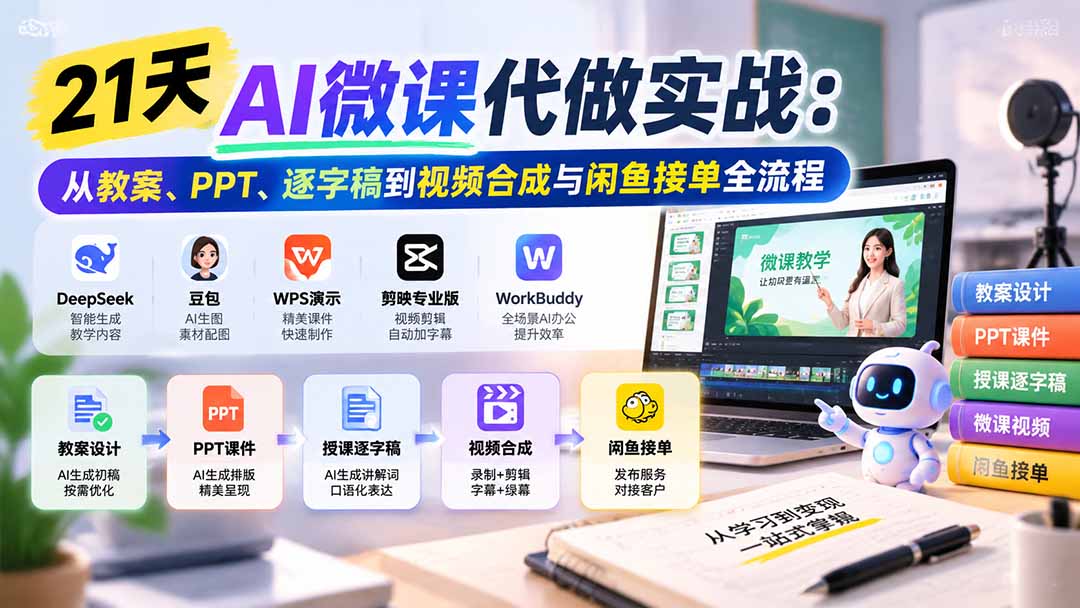 21天AI微课代做实战：从教案、PPT、逐字稿到视频合成与闲鱼接单全流程-极客网创