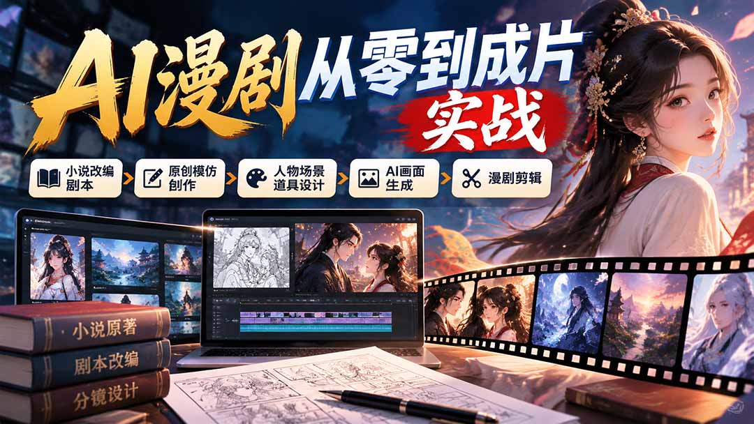 AI漫剧从零到成片实战：小说改编剧本、原创模仿创作、人物场景道具设计、AI画面生成与漫剧剪辑-极客网创