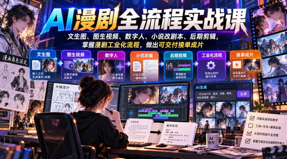 AI漫剧全流程实战课，文生图、图生视频、数字人、小说改剧本、后期剪辑，掌握漫剧工业化流程，做出可交付接单成片-极客网创