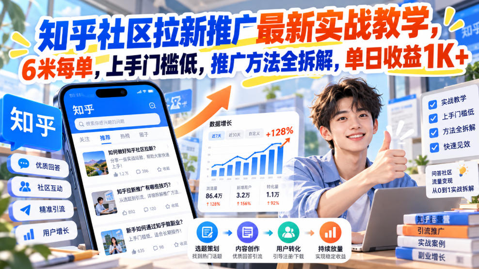 知乎社区拉新推广最新实战教学,6米每单,上手门槛低,推广方法全拆解,单日收益1K+!(更新1021)-极客网创