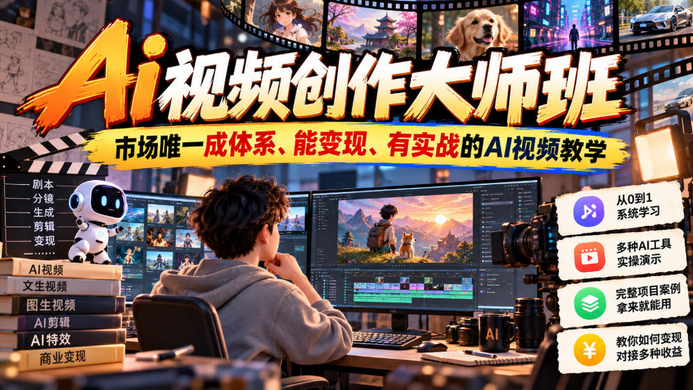 Ai视频创作大师班,市场唯一成体系、能变现、有实战的AI视频教学(更新2026)-极客网创