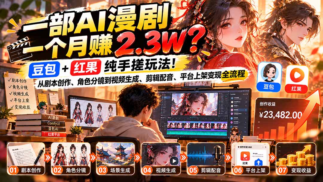 一部AI漫剧一个月赚2.3W?豆包+红果纯手搓玩法!从剧本创作、角色分镜到视频生成、剪辑配音、平台上架变现全流程-极客网创