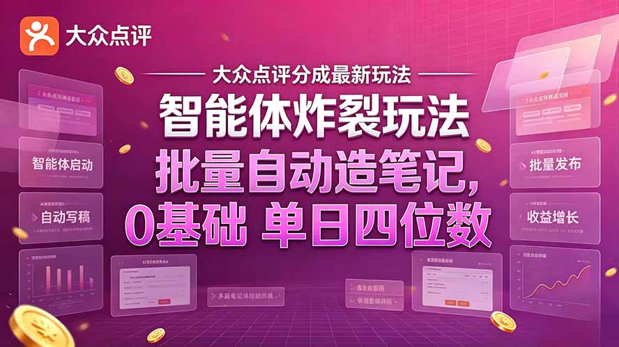 大众点评分成最新智能体炸裂玩法!批量自动造笔记,0基础干到单日四位数-极客网创