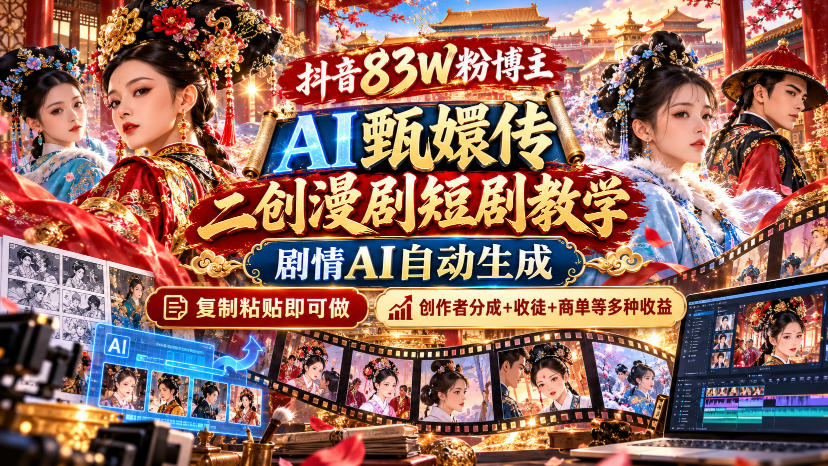 抖音83W粉博主AI甄嬛传二创漫剧短剧教学|剧情AI自动生成,复制粘贴即可做,各大平台创作者分成+收徒等多种收益-极客网创