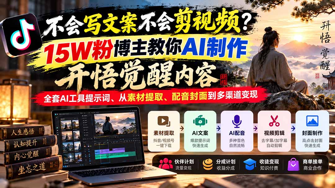 不会写文案不会剪视频?15W粉博主教你AI制作开悟觉醒内容,全套AI工具提示词、从素材提取、配音封面到多渠道变现-极客网创